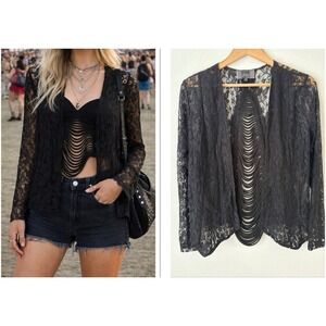 Black Lace Open Front Slashed Cardigan L Shredded Gothic Dark Romance Festival